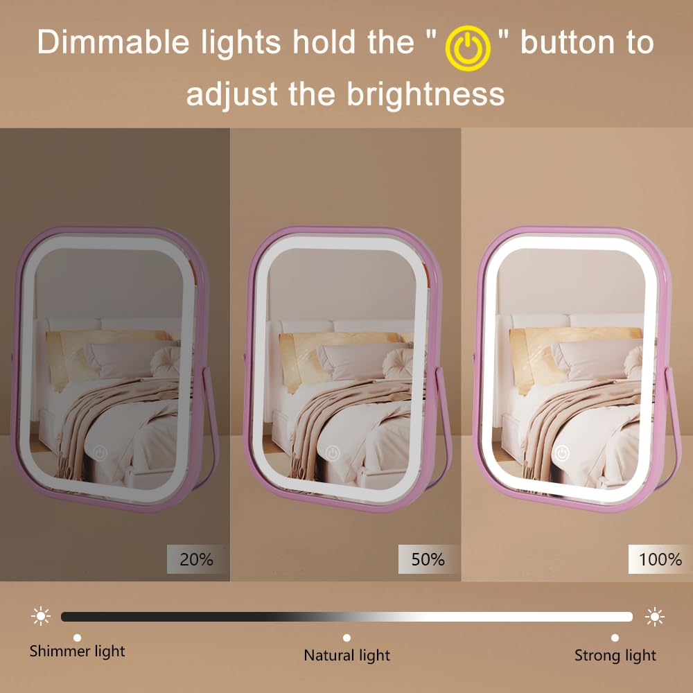 YEKKOPT Travel Makeup Mirror with Lights, Portable Small Beauty LED Vanity Mirror with Lights, 1200mAh Battery, Dimmable Touch Screen, Tabletop Folding Compact Mirror,Women Gift