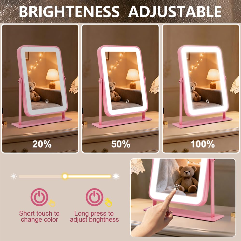 YEKKOPT Travel Makeup Mirror with Lights, Portable Small Beauty LED Vanity Mirror with Lights, 1200mAh Battery, Dimmable Touch Screen, Tabletop Folding Compact Mirror,Women Gift