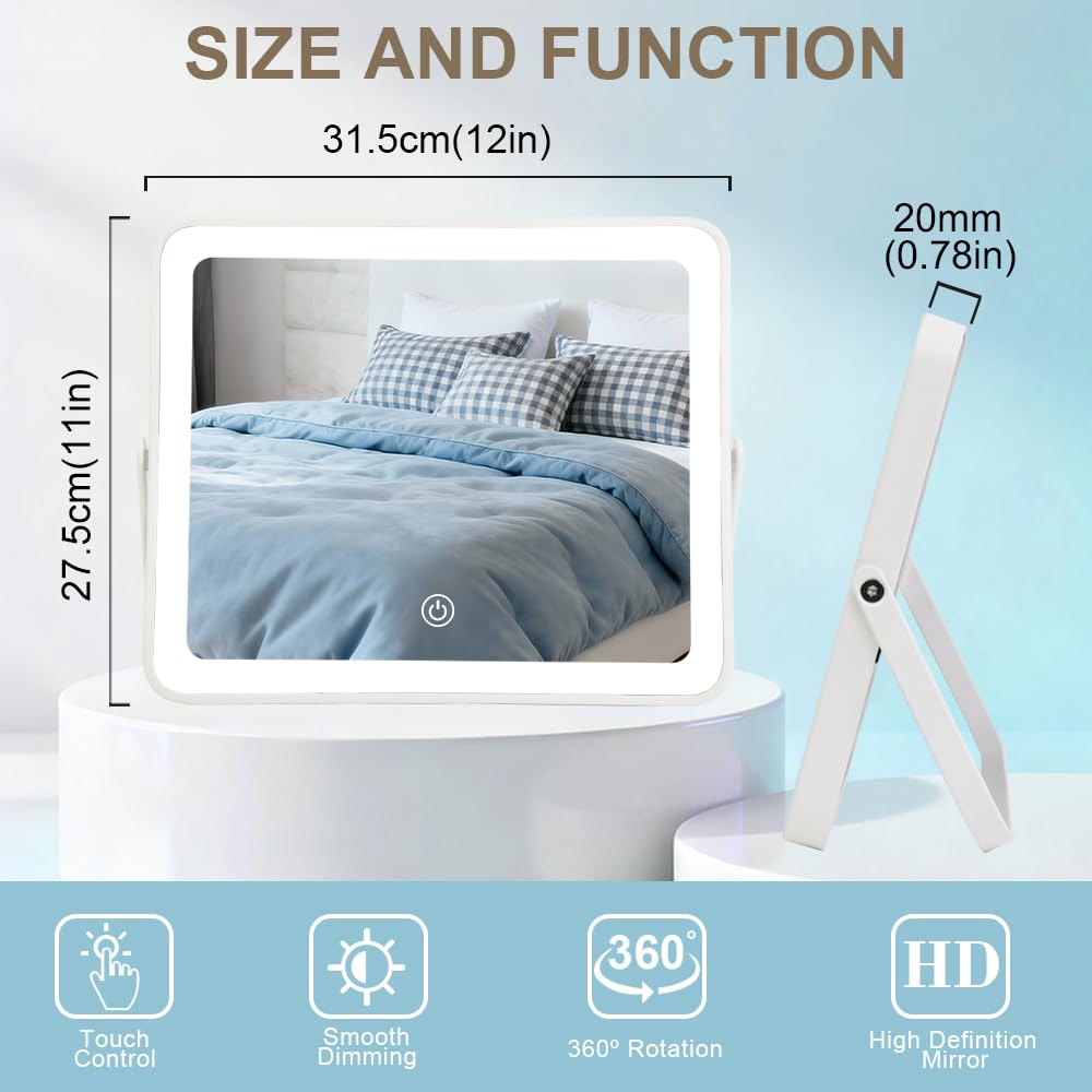 YEKKOPT Travel Makeup Mirror with Lights, Portable Small Beauty LED Vanity Mirror with Lights, 1200mAh Battery, Dimmable Touch Screen, Tabletop Folding Compact Mirror,Women Gift