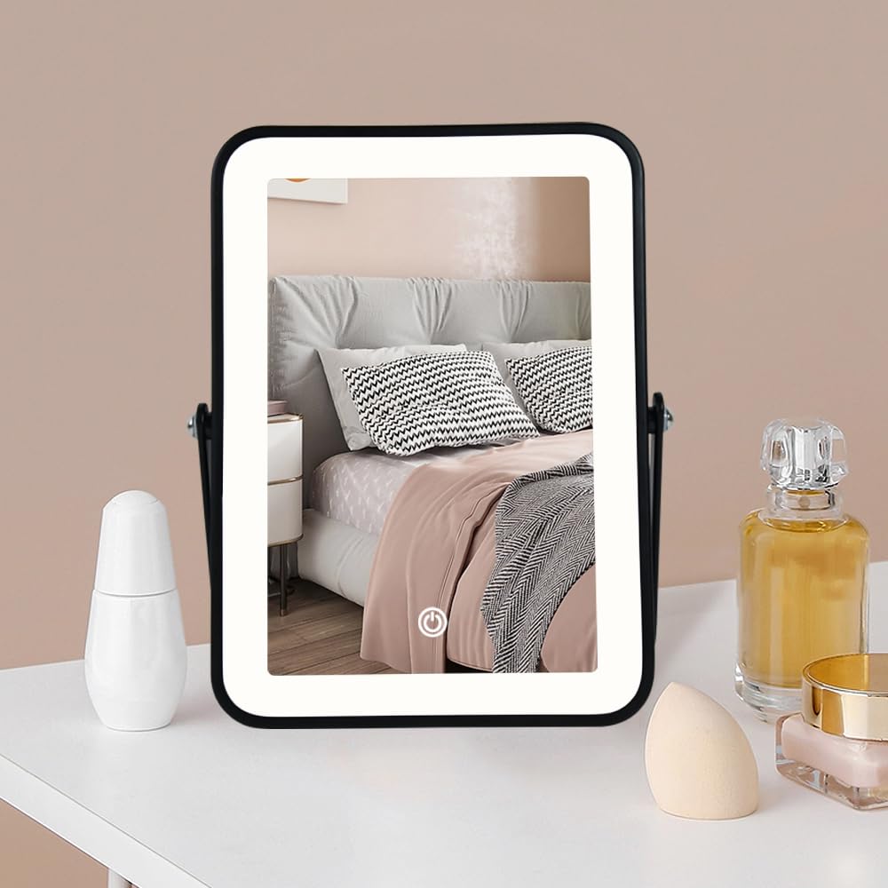 YEKKOPT Travel Makeup Mirror with Lights, Portable Small Beauty LED Vanity Mirror with Lights, 1200mAh Battery, Dimmable Touch Screen, Tabletop Folding Compact Mirror,Women Gift