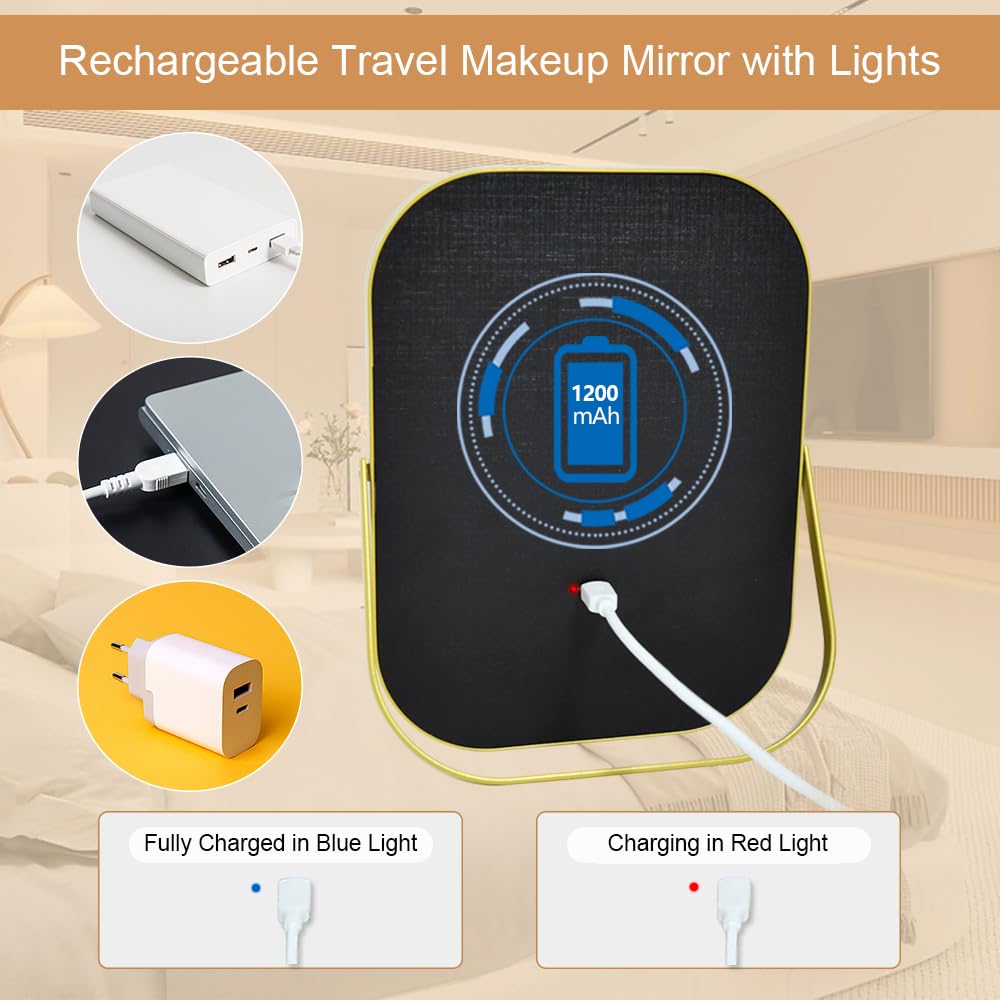 YEKKOPT Travel Makeup Mirror with Lights, Portable Small Beauty LED Vanity Mirror with Lights, 1200mAh Battery, Dimmable Touch Screen, Tabletop Folding Compact Mirror,Women Gift