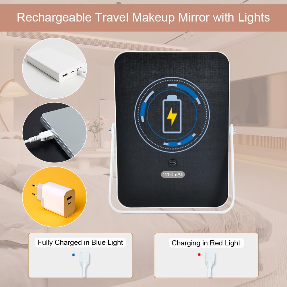 YEKKOPT Travel Makeup Mirror with Lights, Portable Small Beauty LED Vanity Mirror with Lights, 1200mAh Battery, Dimmable Touch Screen, Tabletop Folding Compact Mirror,Women Gift