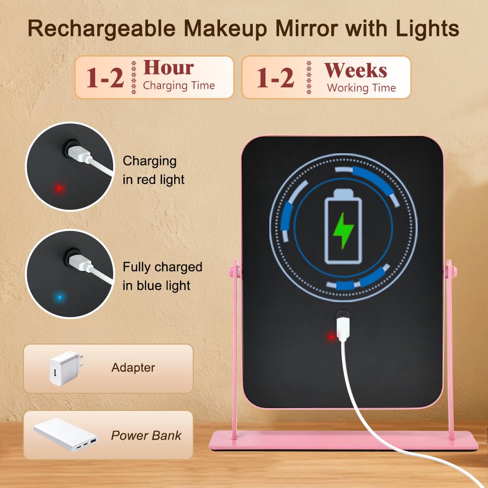 YEKKOPT Travel Makeup Mirror with Lights, Portable Small Beauty LED Vanity Mirror with Lights, 1200mAh Battery, Dimmable Touch Screen, Tabletop Folding Compact Mirror,Women Gift