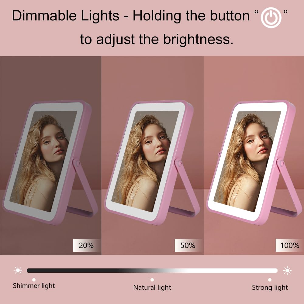 YEKKOPT Travel Makeup Mirror with Lights, Portable Small Beauty LED Vanity Mirror with Lights, 1200mAh Battery, Dimmable Touch Screen, Tabletop Folding Compact Mirror,Women Gift