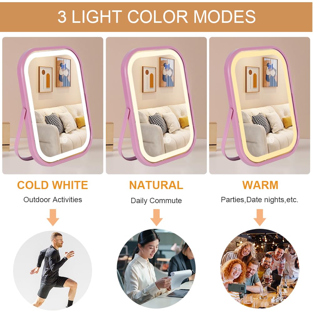 YEKKOPT Travel Makeup Mirror with Lights, Portable Small Beauty LED Vanity Mirror with Lights, 1200mAh Battery, Dimmable Touch Screen, Tabletop Folding Compact Mirror,Women Gift