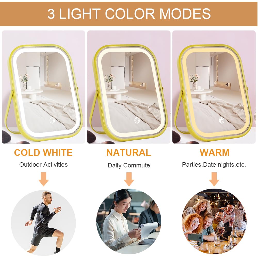 YEKKOPT Travel Makeup Mirror with Lights, Portable Small Beauty LED Vanity Mirror with Lights, 1200mAh Battery, Dimmable Touch Screen, Tabletop Folding Compact Mirror,Women Gift