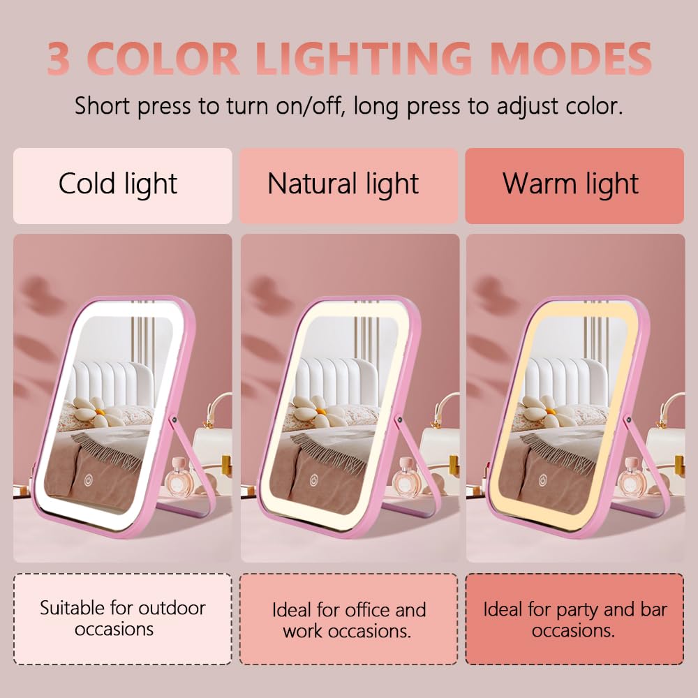 YEKKOPT Travel Makeup Mirror with Lights, Portable Small Beauty LED Vanity Mirror with Lights, 1200mAh Battery, Dimmable Touch Screen, Tabletop Folding Compact Mirror,Women Gift