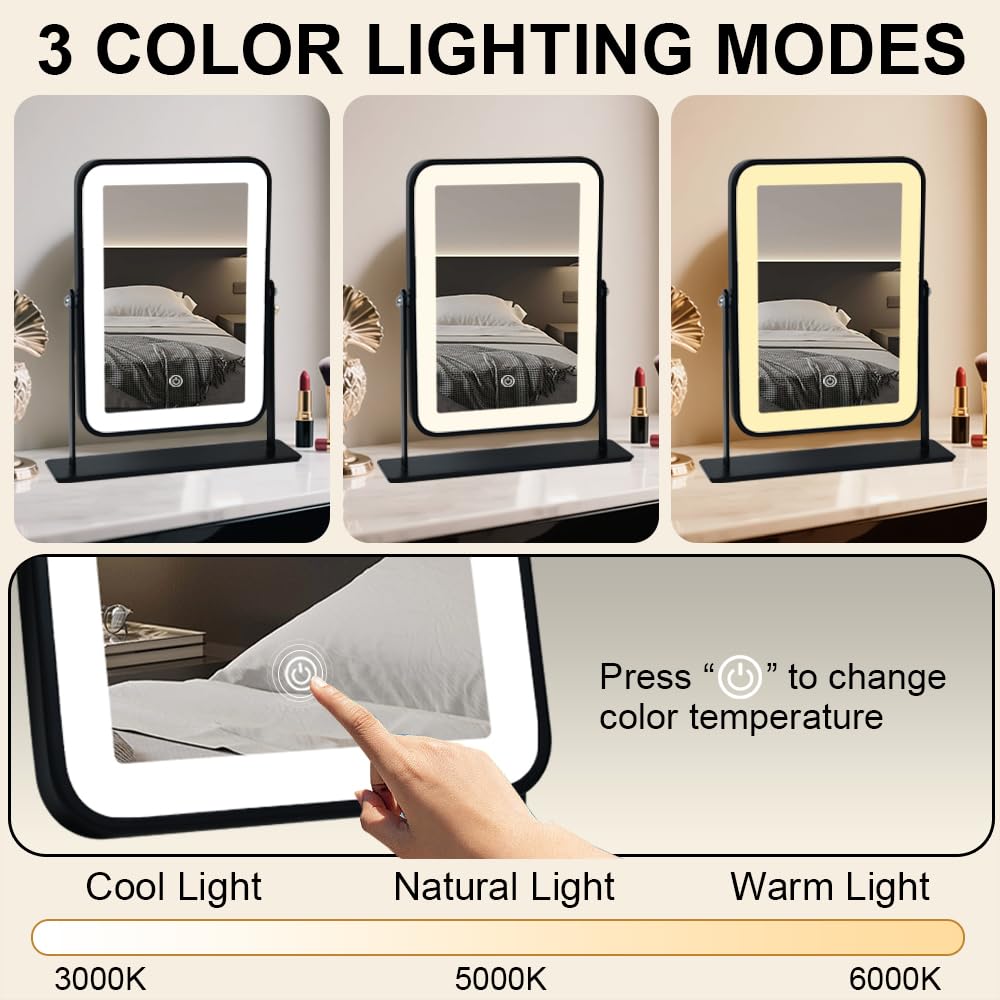YEKKOPT Travel Makeup Mirror with Lights, Portable Small Beauty LED Vanity Mirror with Lights, 1200mAh Battery, Dimmable Touch Screen, Tabletop Folding Compact Mirror,Women Gift