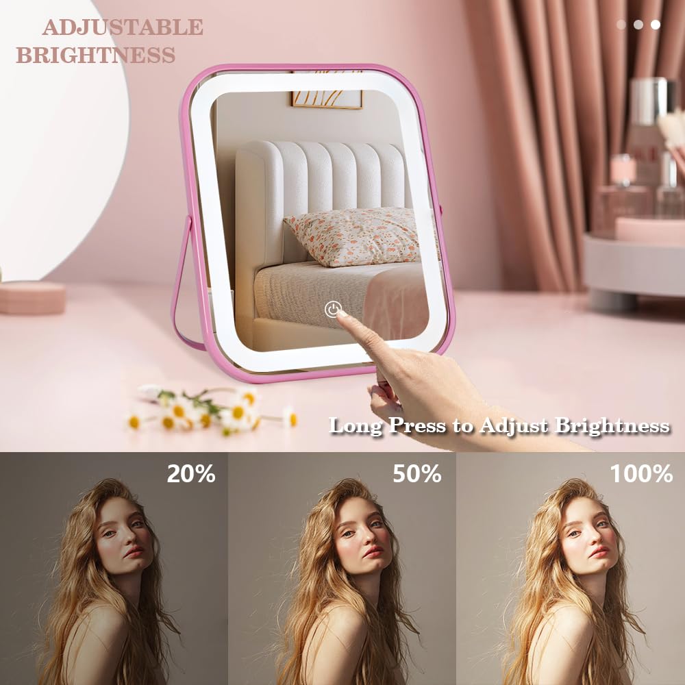YEKKOPT Travel Makeup Mirror with Lights, Portable Small Beauty LED Vanity Mirror with Lights, 1200mAh Battery, Dimmable Touch Screen, Tabletop Folding Compact Mirror,Women Gift