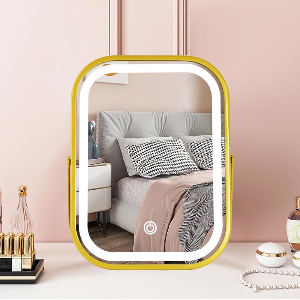 YEKKOPT Travel Makeup Mirror with Lights, Portable Small Beauty LED Vanity Mirror with Lights, 1200mAh Battery, Dimmable Touch Screen, Tabletop Folding Compact Mirror,Women Gift