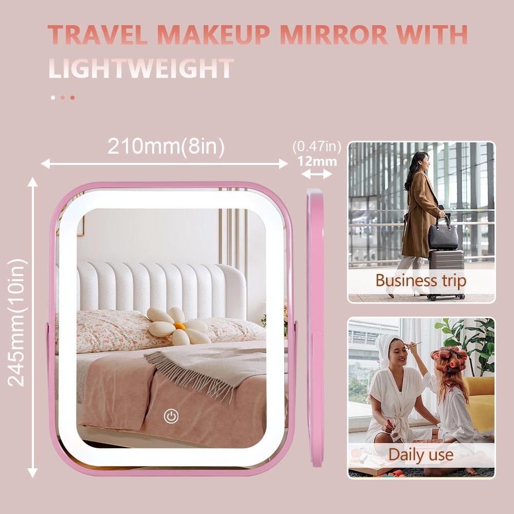 YEKKOPT Travel Makeup Mirror with Lights, Portable Small Beauty LED Vanity Mirror with Lights, 1200mAh Battery, Dimmable Touch Screen, Tabletop Folding Compact Mirror,Women Gift