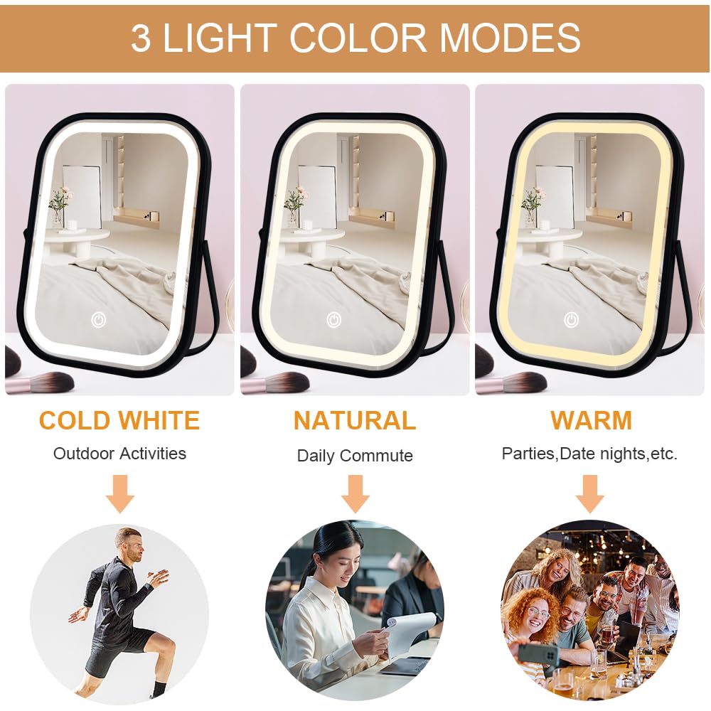 YEKKOPT Travel Makeup Mirror with Lights, Portable Small Beauty LED Vanity Mirror with Lights, 1200mAh Battery, Dimmable Touch Screen, Tabletop Folding Compact Mirror,Women Gift
