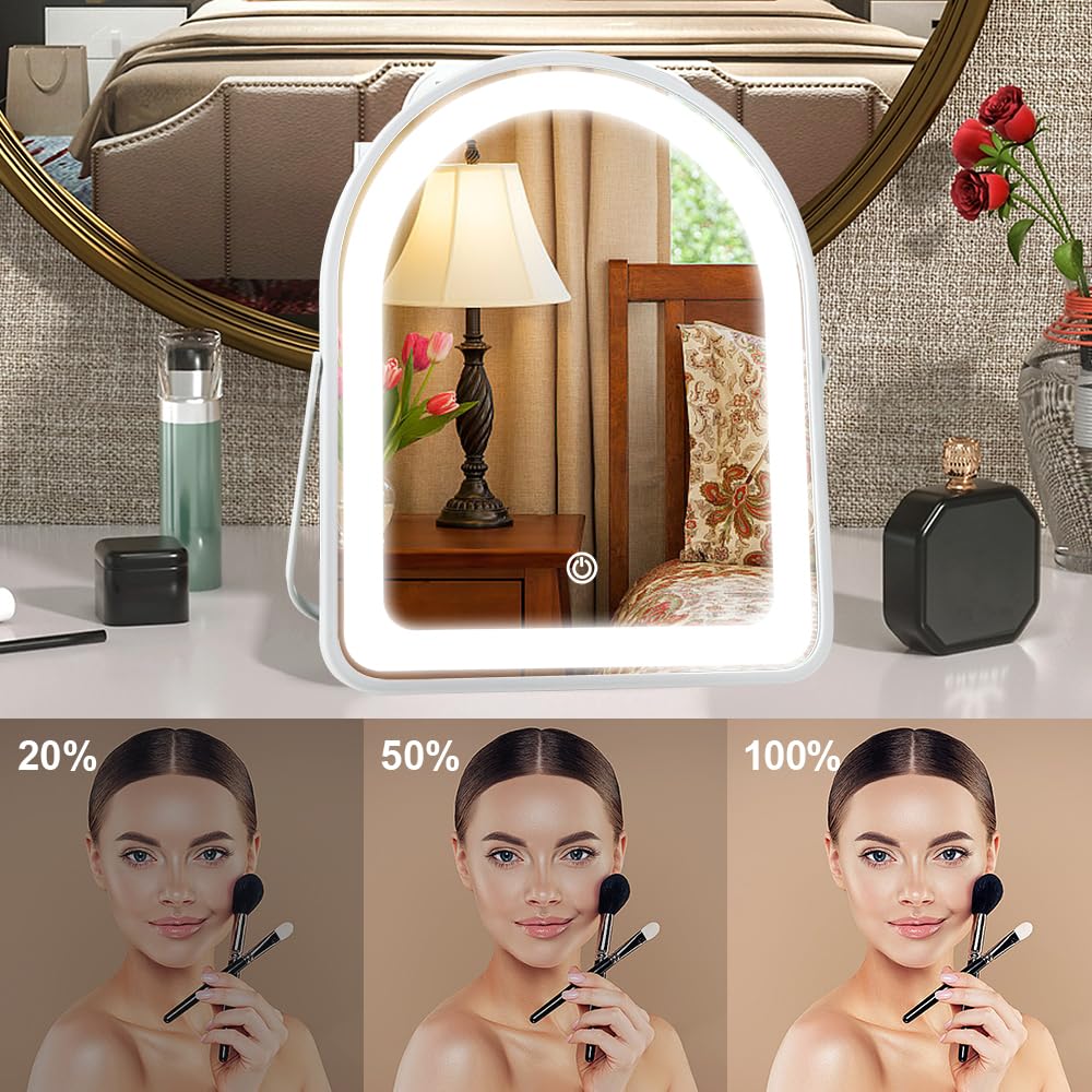 YEKKOPT Travel Makeup Mirror with Lights, Portable Small Beauty LED Vanity Mirror with Lights, 1200mAh Battery, Dimmable Touch Screen, Tabletop Folding Compact Mirror,Women Gift