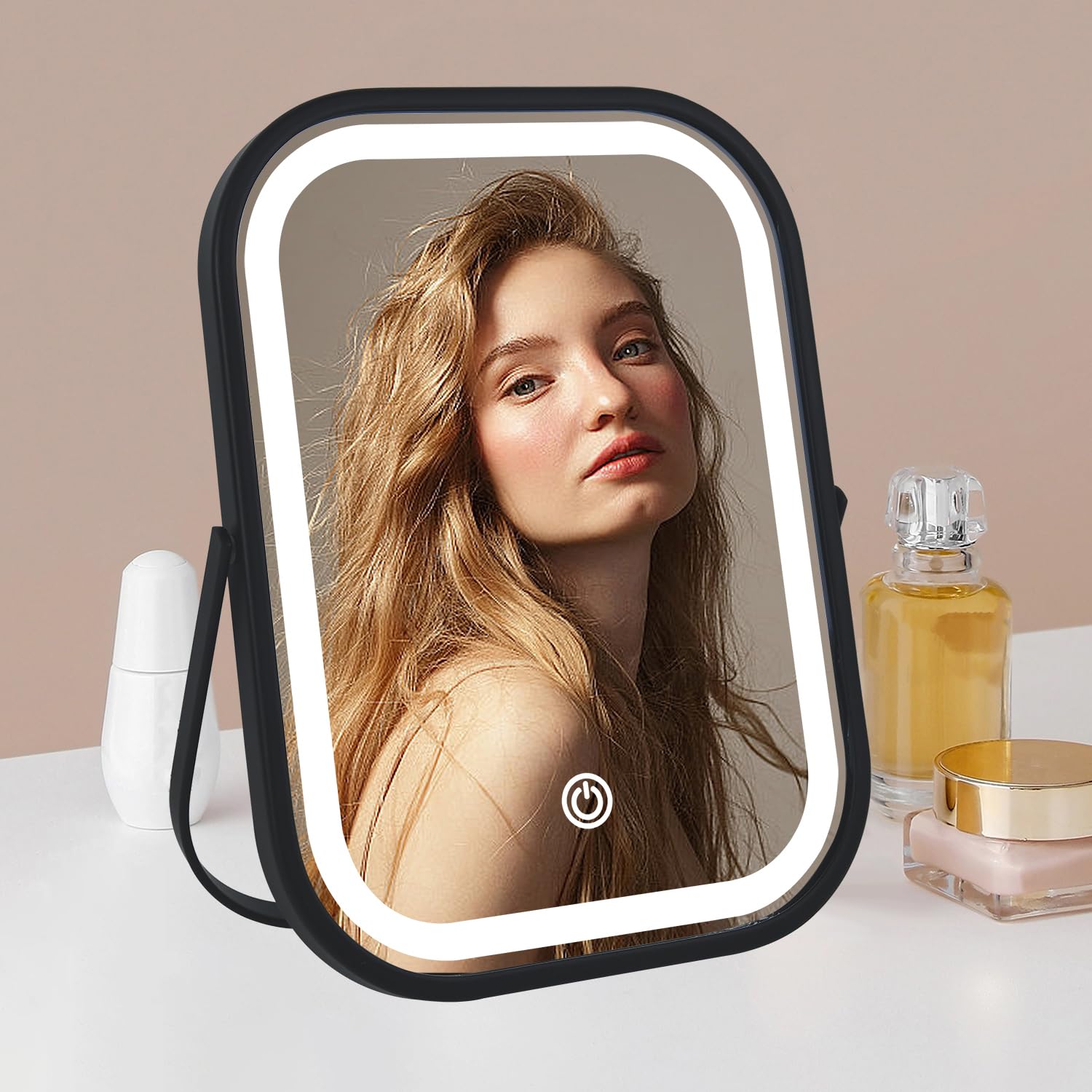 YEKKOPT Travel Makeup Mirror with Lights, Portable Small Beauty LED Vanity Mirror with Lights, 1200mAh Battery, Dimmable Touch Screen, Tabletop Folding Compact Mirror,Women Gift