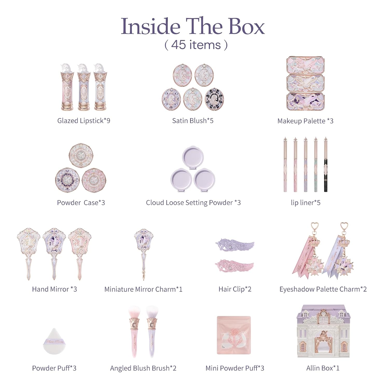 Flower Knows Knight Unicorn All-In Gift Set, Collectible 45-Piece | Beauty Box with Lipstick, Satin Blush, Eyeshadow, Powder, Lip Liner, Brushes, Mirror & Accessories