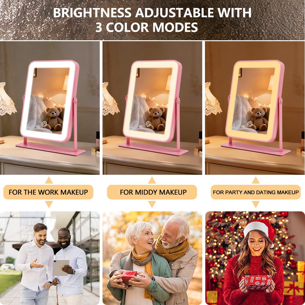 YEKKOPT Travel Makeup Mirror with Lights, Portable Small Beauty LED Vanity Mirror with Lights, 1200mAh Battery, Dimmable Touch Screen, Tabletop Folding Compact Mirror,Women Gift