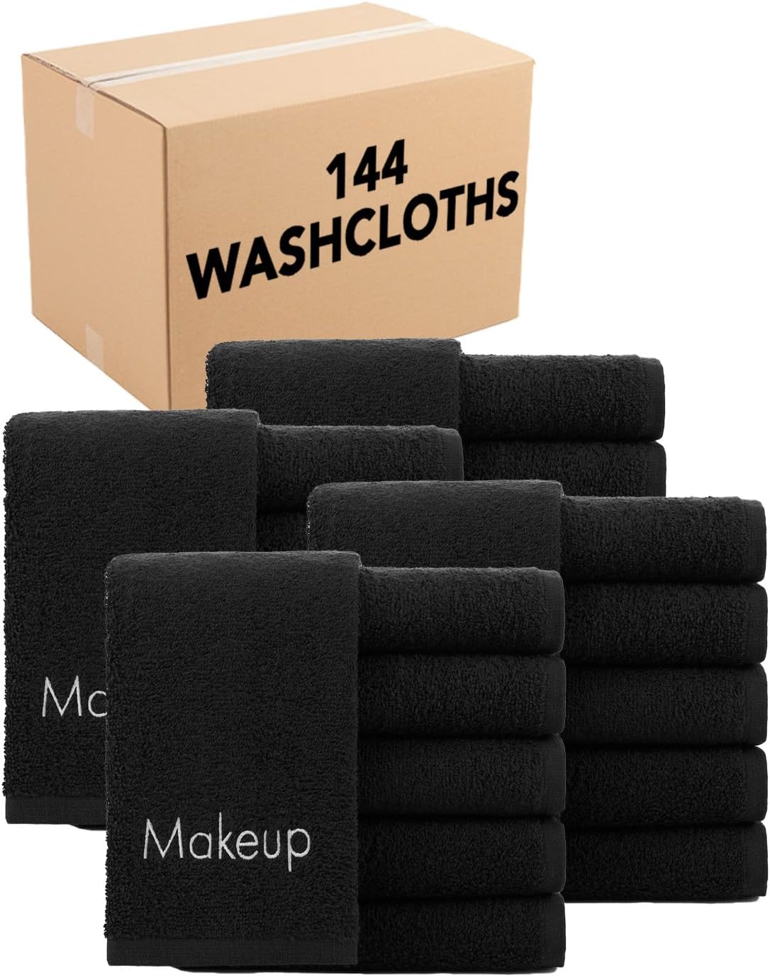 Arkwright Makeup Remover Cloths Bulk - 100% Cotton Face Towels, Soft Reusable Washcloths, Gentle Facial Cleansing for Waterproof Makeup, 13 x 13, Black (Case of 144)