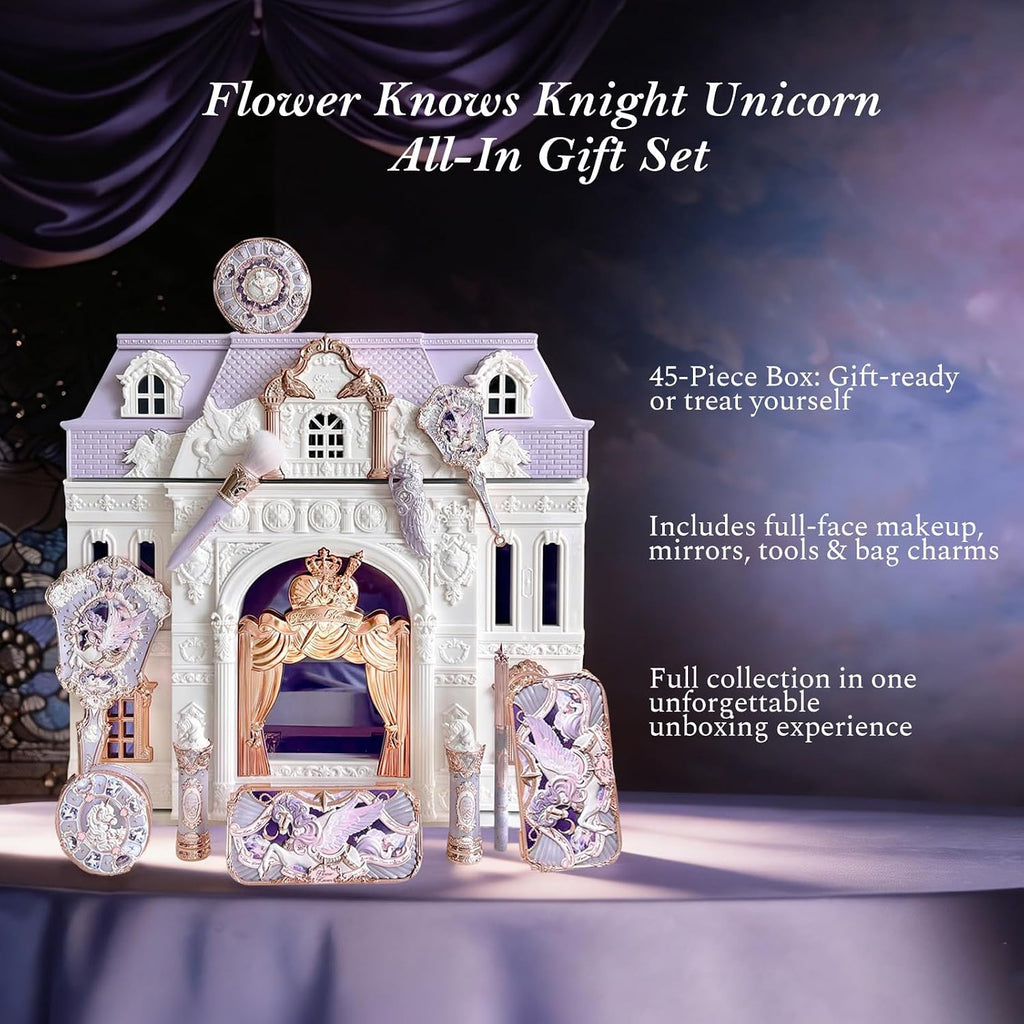 Flower Knows Knight Unicorn All-In Gift Set, Collectible 45-Piece | Beauty Box with Lipstick, Satin Blush, Eyeshadow, Powder, Lip Liner, Brushes, Mirror & Accessories