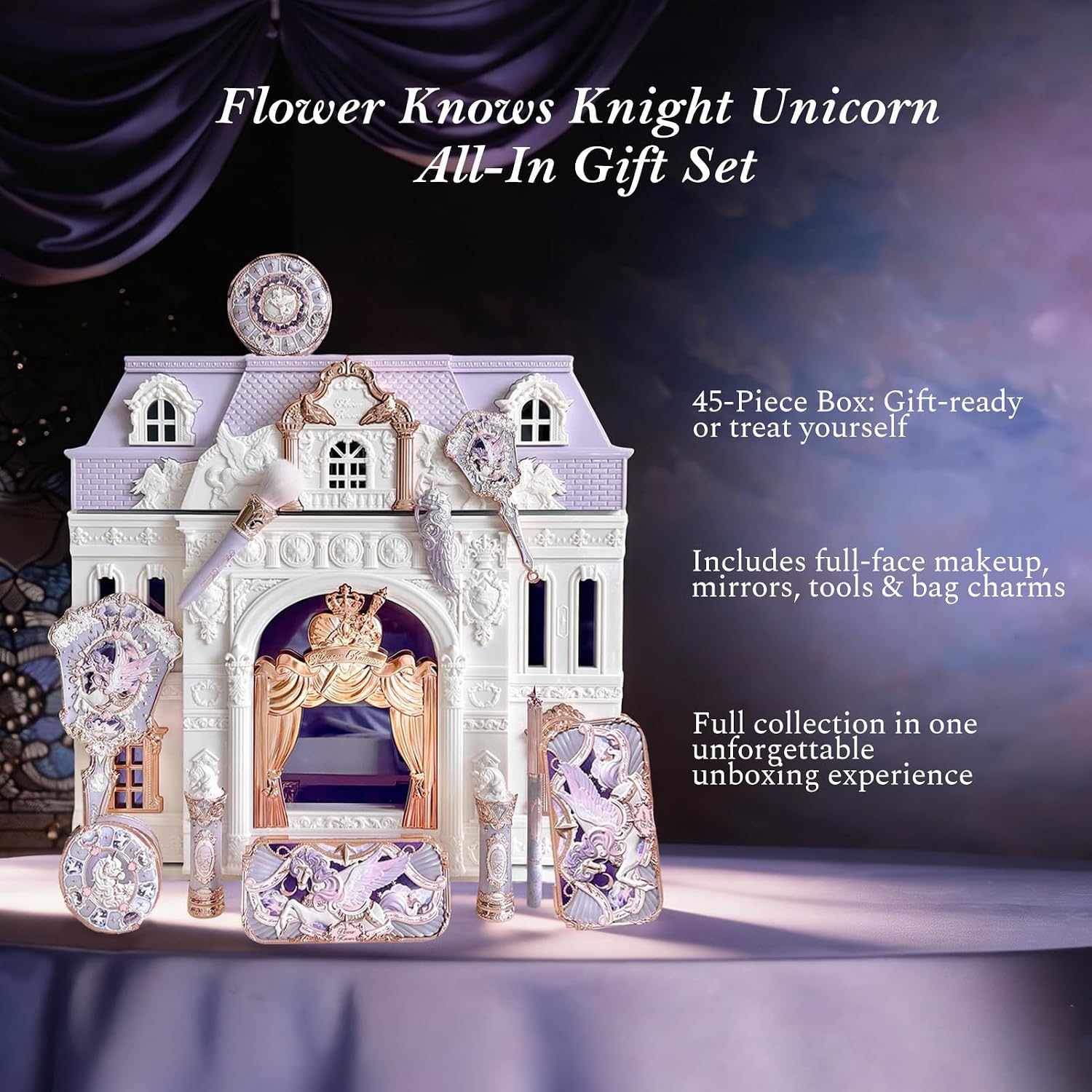 Flower Knows Knight Unicorn All-In Gift Set, Collectible 45-Piece | Beauty Box with Lipstick, Satin Blush, Eyeshadow, Powder, Lip Liner, Brushes, Mirror & Accessories