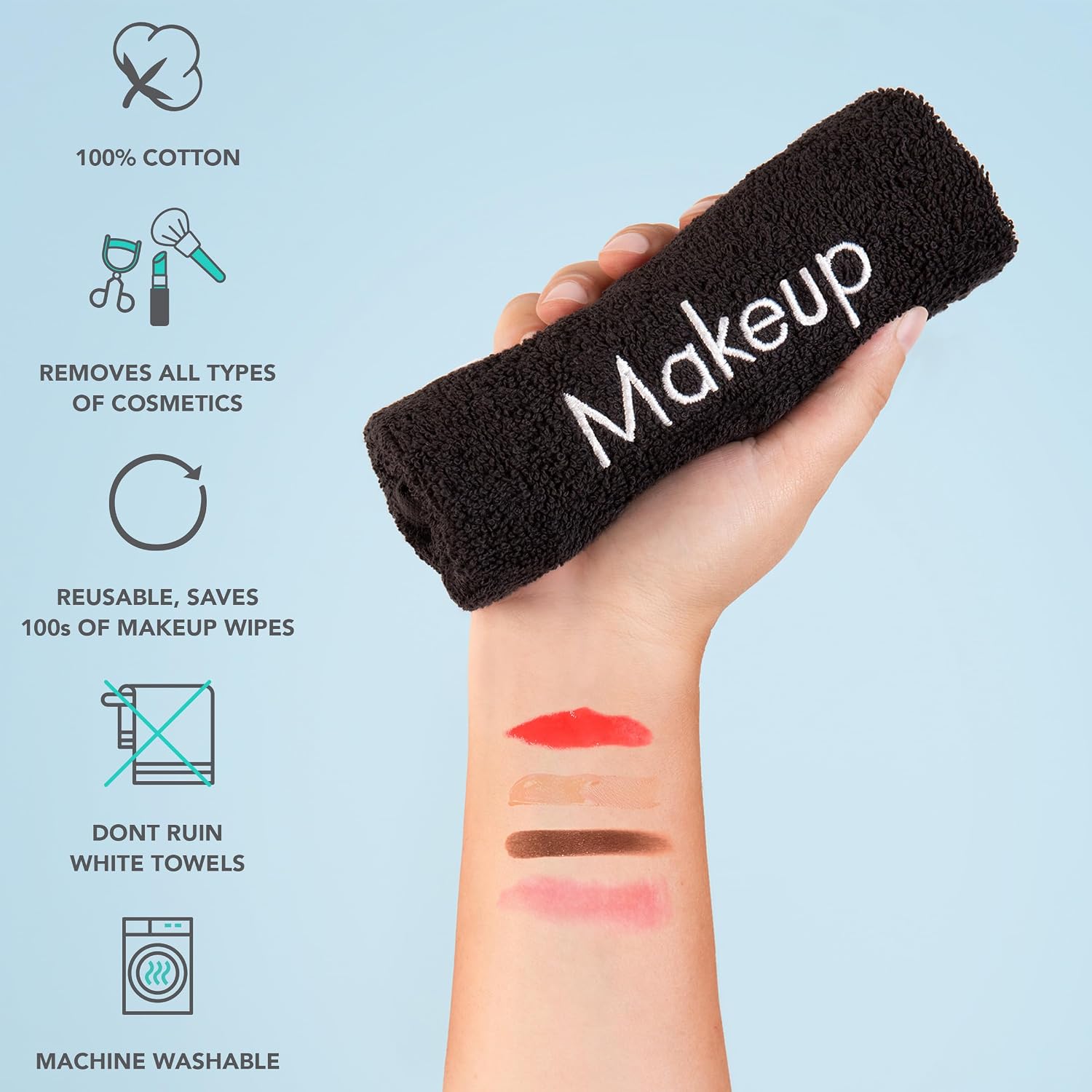 Arkwright Makeup Remover Cloths Bulk - 100% Cotton Face Towels, Soft Reusable Washcloths, Gentle Facial Cleansing for Waterproof Makeup, 13 x 13, Black (Case of 144)